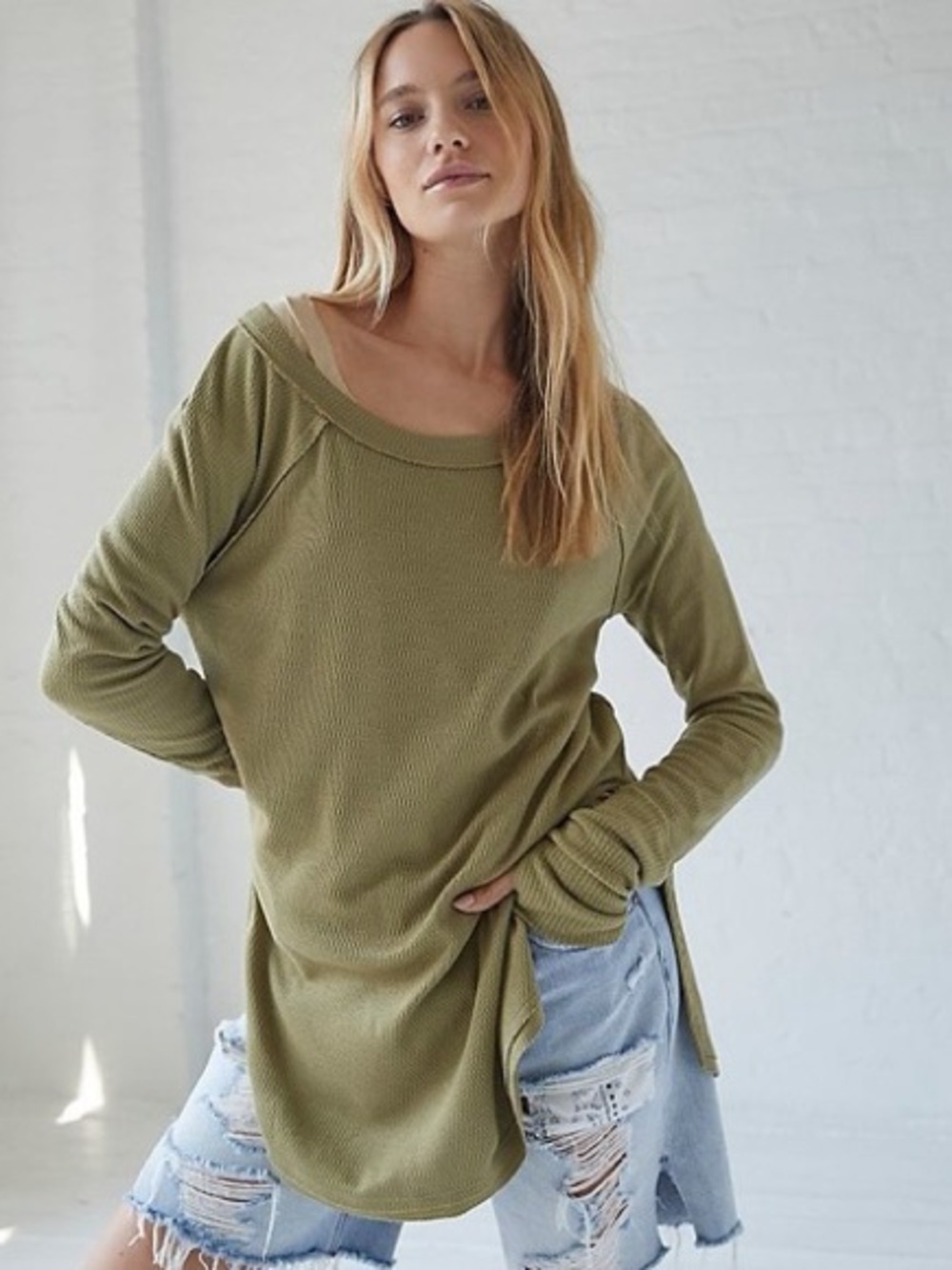 Free People Oversized Olive Green Sunstone Snowy Thermal Sz L